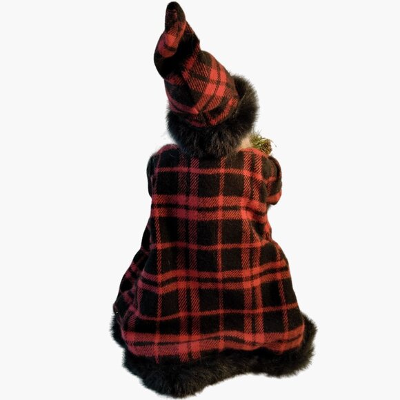 Santa Claus Figure Tree Topper Red Plaid Coat Faux Fur Brocade Trim Wood Scepter - Picture 6 of 9